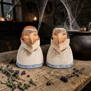 Vintage Ceramic Witch Salt & Pepper Shakers - Cream with Orange & Black Accents